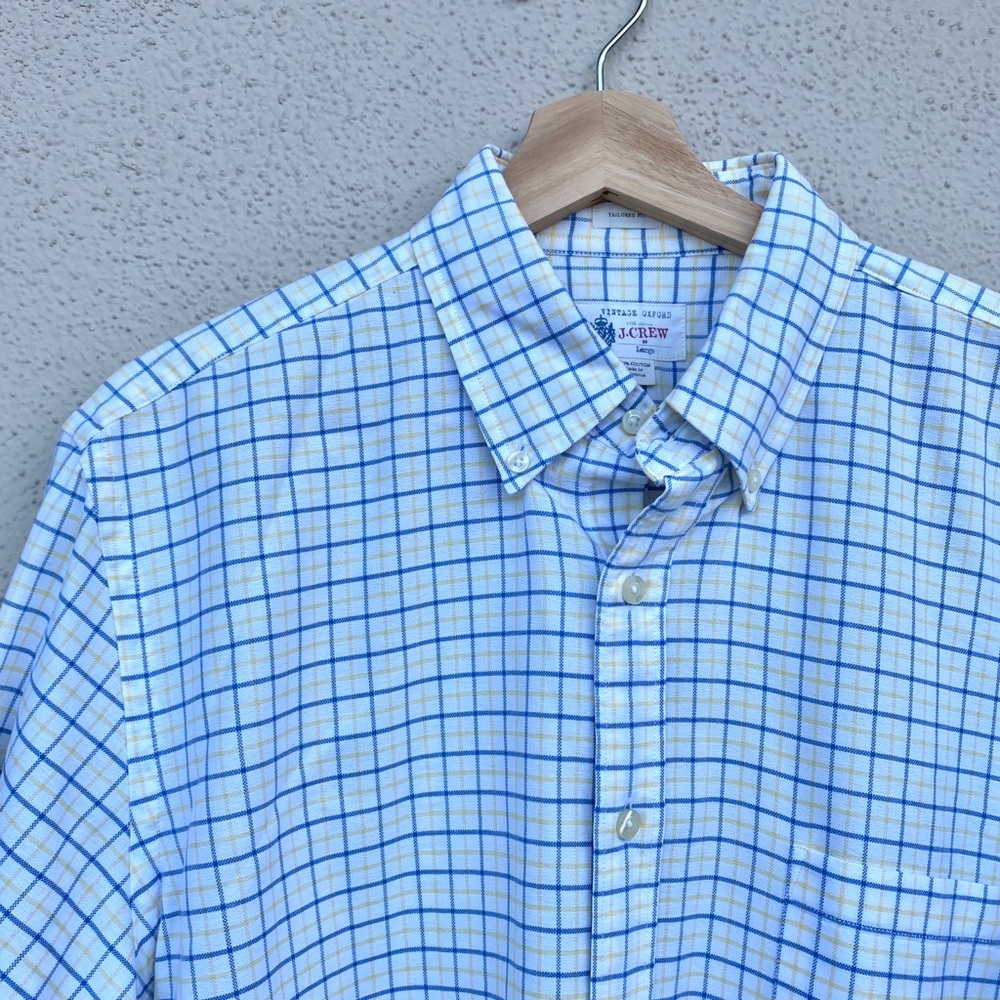 J. CREW plaid button down shirt mens long sleeve VINTAGE OXFORD tailored fit L - Picture 2 of 9